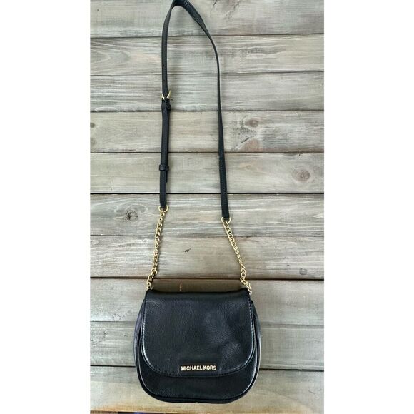 Michael Kors Bedford Flap Black Leather Front Chain Strap‎ Crossbody Bag - Picture 7 of 12